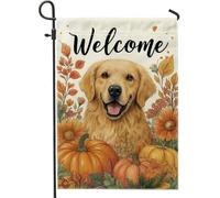 Bandiera da giardino di benvenuto, decorazione autunnale con cane dorato, striscione autunnale in iuta su entrambi i lati, decorazione per prato all'aperto per festa del Ringraziamento, 30,5 x 45,7 cm