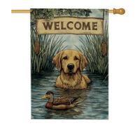 Bandiera da giardino di benvenuto, design dorato con cane e anatra, decorazione rustica per la casa per primavera estate decorazione per prato all'aperto, striscione in tessuto su entrambi i lati, 71