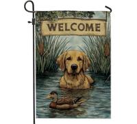 Bandiera da giardino di benvenuto, design dorato con cane e anatra, decorazione rustica per la casa per primavera estate decorazione per prato all'aperto, striscione in tessuto su entrambi i lati