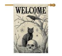 Bandiera da giardino di benvenuto di Halloween, decorazione per esterni con teschio di gatto, corvo, striscione da cortile in iuta su entrambi i lati per decorazione del prato per vacanze 71 x 101 cm