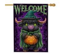 Bandiera da giardino di benvenuto di Halloween, mucca viola con zucca, decorazione esterna in iuta su entrambi i lati, per festival autunnali e decorazione per la casa, 71 x 101 cm