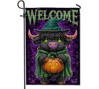 Bandiera da giardino di benvenuto di Halloween, mucca viola con zucca, decorazione per esterni in iuta su entrambi i lati, per festival autunnali e decorazione per la casa, 30,5 x 45,7 cm