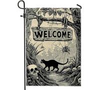 Bandiera da giardino di benvenuto di Halloween, teschio di gatto, decorazione per esterni spettrale, striscione in iuta su entrambi i lati per decorazione autunnale, 30,5 x 45,7 cm