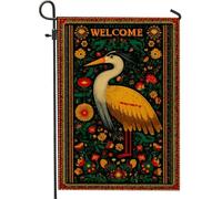 Bandiera da giardino di benvenuto, elegante decorazione floreale per esterni con gru dorata, striscione su entrambi i lati per vacanze per primavera ed estate, tema natura verde vibrante 30,5 x 45,7