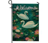Bandiera da giardino di benvenuto, elegante design con cigni bianchi per decorazione esterna, striscione decorativo primaverile estivo, bandiera floreale su entrambi i lati per la decorazione della