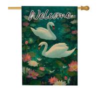 Bandiera da giardino di benvenuto, elegante design con cigni bianchi per decorazione esterna, striscione decorativo primaverile estivo, bandiera floreale su entrambi i lati per prato per la