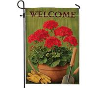 Bandiera da giardino di benvenuto estiva e primaverile, decorazione floreale per esterni con geranio rosso, striscione in iuta su entrambi i lati, per la decorazione della casa e del patio, 30,5 x