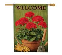 Bandiera da giardino di benvenuto estiva e primaverile, decorazione floreale per esterni con geranio rosso, striscione da giardino in iuta su entrambi i lati, per la decorazione della casa e del patio