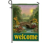 Bandiera da giardino di benvenuto, girasoli gialli e ponte, decorazione per esterni, striscione su entrambi i lati per prato in iuta per decorazione primaverile estiva 30,5 x 45,7