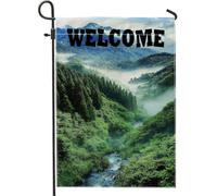Bandiera da giardino di benvenuto ispirata alla natura, striscione decorativo per la casa, paesaggio di montagna verde, decorazione per la casa, in iuta su entrambi i lati, decorazione per prato