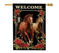 Bandiera da giardino di benvenuto, maestosi cavalli che corrono con rose, decorazione primaverile per esterni, striscione per prato su entrambi i lati per la decorazione della casa, 71 x 101 cm