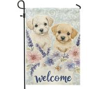 Bandiera da giardino di benvenuto per cuccioli, decorazione floreale per cuccioli, crema morbida e abbronzata, decorazione per prato esterno double face, 30,5 x 45,7 cm