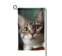 Bandiera da giardino di benvenuto per esterni di piccole dimensioni 12,5 x 18 pollici doppia faccia resistente alle intemperie bandiera per casa un gatto curioso bandiere verticali per fattoria