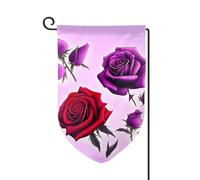Bandiera da giardino di benvenuto per esterni di piccole dimensioni 31 x 45 cm doppia faccia resistente alle intemperie bandiera per casa rose rosse e viola bandiere verticali per fattoria all'aperto