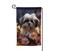 Bandiera da giardino di benvenuto per esterni piccoli bandiere da cortile 31 x 45 cm doppia faccia resistente alle intemperie bandiera per casa Shih Tzu cane e fiori bandiere verticali per fattoria