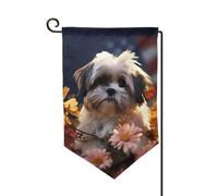 Bandiera da giardino di benvenuto per esterni piccoli bandiere da cortile 31 x 45 cm doppia faccia resistente alle intemperie bandiera per casa Shih Tzu cane e fiori bandiere verticali per fattoria