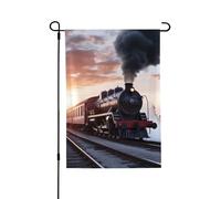 Bandiera da giardino di benvenuto per esterni piccoli cortili, 71 x 101 cm, doppia faccia resistente alle intemperie, bandiera per casa, treno a vapore, partenza, tramonto, bandiere verticali per