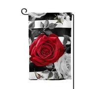 Bandiera da giardino di benvenuto per esterni piccoli giardini bandiere 31,3 x 45,7 cm doppia faccia resistente alle intemperie bandiera della casa a strisce bianche nere fiori rosa rossa bandiere