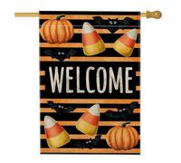 Bandiera da giardino di benvenuto per Halloween, zucca arancione, pipistrello, caramelle, mais, decorazione per esterni, striscione in iuta su entrambi i lati per celebrazione autunnale decorazione