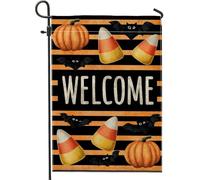 Bandiera da giardino di benvenuto per Halloween, zucca arancione, pipistrello, caramelle, mais, decorazione per esterni, striscione in iuta su entrambi i lati per celebrazione autunnale decorazione
