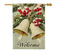 Bandiera da giardino di benvenuto per le vacanze invernali, bacche rosse e campane, decorazione per esterni, striscione in iuta su entrambi i lati, per decorazione natalizia per prato, 71 x 101 cm