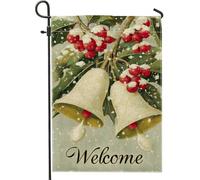 Bandiera da giardino di benvenuto per le vacanze invernali, bacche rosse e campane, decorazione per esterni, striscione in iuta su entrambi i lati, per decorazione natalizia del prato, 30,5 x 45,7 cm