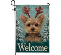 Bandiera da giardino di benvenuto per le vacanze invernali, simpatico cane con corna decorative per esterni, bandiera da giardino in iuta su entrambi i lati, per decorazione del prato, 30,5 x 45,7 cm