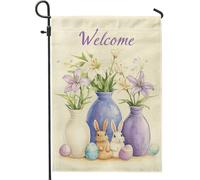 Bandiera da giardino di benvenuto primaverile, decorazione pasquale con coniglietti floreali, vasi di fiori colorati, bandiera per cortile, decorazione per esterni, 30,5 x 45,7 cm