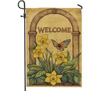 Bandiera da giardino di benvenuto primaverile ed estate, bandiera gialla con narcisi e farfalle, bandiera decorativa per esterni, bandiera da cortile in iuta su entrambi i lati, decorazione per prato