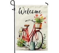 Bandiera da giardino di benvenuto primaverile ed estate, con tulipani rossi per innaffiare fiori per la casa, striscione in iuta su entrambi i lati, decorazione per prato all'aperto, 30,5 x 45,7 cm