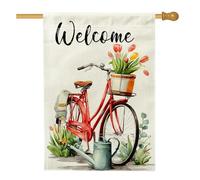 Bandiera da giardino di benvenuto primaverile ed estate, con tulipani rossi per innaffiare fiori per la casa, striscione in iuta su entrambi i lati, decorazione per prato all'aperto, 71 x 101 cm