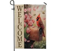 Bandiera da giardino di benvenuto primaverile ed estate, tulipani cardinali rossi api floreale decorazione per la casa banner da giardino, bandiera da giardino in iuta su entrambi i lati, decorazione