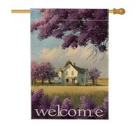 Bandiera da giardino di benvenuto primaverile ed estate, viola con alberi lilla e campagna, decorazione per la casa e il cortile, decorazione su entrambi i lati, per vacanze all'aperto, 71 x 101 cm