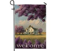Bandiera da giardino di benvenuto primaverile ed estate, viola con alberi lilla e campagna, decorazione per la casa e il cortile, decorazione su entrambi i lati, per vacanze all'aperto, 30,5 x 45,7 cm
