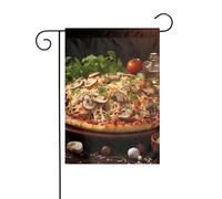 Bandiera da giardino di benvenuto, resistente alle intemperie, stagionale, da 12 x 18 pollici, con pizza, funghi e pomodori, piccola per decorazioni da esterno in stile fattoria.