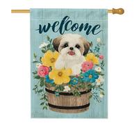 Bandiera da giardino di benvenuto, simpatico cane con design floreale per la casa, bandiera da cortile in iuta su entrambi i lati, per primavera estate e esterni, decorazione per prato 71 x 101 cm