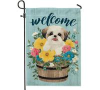 Bandiera da giardino di benvenuto, simpatico cane con design floreale per la casa, bandiera da cortile in iuta su entrambi i lati, per primavera estate e esterni, decorazione per prato 30,5 x 45,7 cm