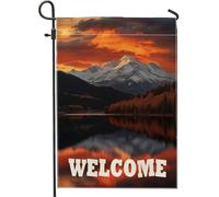 Bandiera da giardino di benvenuto sul lago di montagna, vivace tramonto colorato, decorazione per esterni, striscione da cortile su entrambi i lati per primavera estate, decorazione rustica per la
