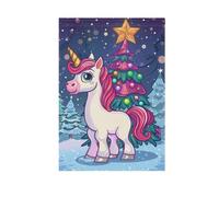Bandiera da giardino di benvenuto, unicorni natalizi alla vigilia di Natale con bellissimo albero di Natale, striscione stampato su entrambi i lati, per esterni, patio, prato, fattoria, terreno