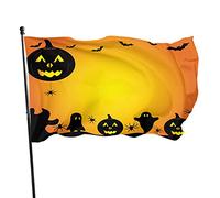 Bandiera da giardino di Halloween 3x5 FT Zucche Fantasmi Ragni Pipistrelli del cielo Sagoma nera in giallo arancione Bandiere da cortile in poliestere Casa Patio Prato Striscione di auguri per inter