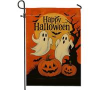Bandiera da giardino di Halloween, fantasmi arancioni e zucche, decorazione per esterni, striscione in iuta su entrambi i lati per la decorazione autunnale del prato delle vacanze 30,5 x 45,7 cm