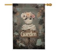 Bandiera da giardino di Halloween, mummia grigia con fiori per la decorazione della casa, bandiera da cortile in iuta su entrambi i lati per decorazione esterna del prato 71 x 101 cm