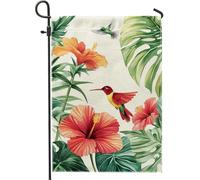 Bandiera da giardino di ibisco tropicale banner decorazione esterna colibrì fiore rosso bandiera del patio estivo double face decorazione del prato per la casa e il giardino 12 x