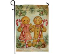 Bandiera da giardino di pan di zenzero, con bastoncini di zucchero natalizi e agrifoglio, in iuta marrone, su entrambi i lati, piccola bandiera da giardino per esterni, portico, prato, patio, terrazza