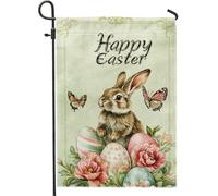Bandiera da giardino di Pasqua con coniglietto carino e uova colorate, decorazione primaverile su entrambi i lati, in iuta, decorazione per esterni, 30,5 x 45,7 cm