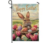 Bandiera da giardino di Pasqua, coniglietto marrone caldo con uova colorate bandiere floreali da giardino, decorazione esterna su entrambi i lati per feste primaverili da esposizione sul prato 30,5 x