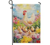 Bandiera da giardino di pollo primaverile ed estiva, striscione floreale colorato di galline e pulcini, decorazione per prato all'aperto su due lati per vacanze e feste, decorazione vibrante del