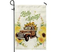 Bandiera da giardino di primavera girasole camion floreale lettera foglie parola bella pianta gialla marrone lino pannello decorazione parete esterna patio giardino interno casa cortile premium
