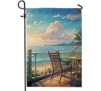 Bandiera da giardino di primavera, oceano, rive, spiaggia, banana, isola, foglie, sedia, sole, nuvola, fiore, blu bianco, pannello di lino, decorazione per la casa, decorazione da parete, esterno