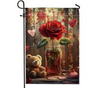 Bandiera da giardino di San Valentino, bandiere per la decorazione della casa con rose rosse e orso, decorazione esterna primaverile su entrambi i lati, striscione per prato a tema amore, 30 x 45 cm